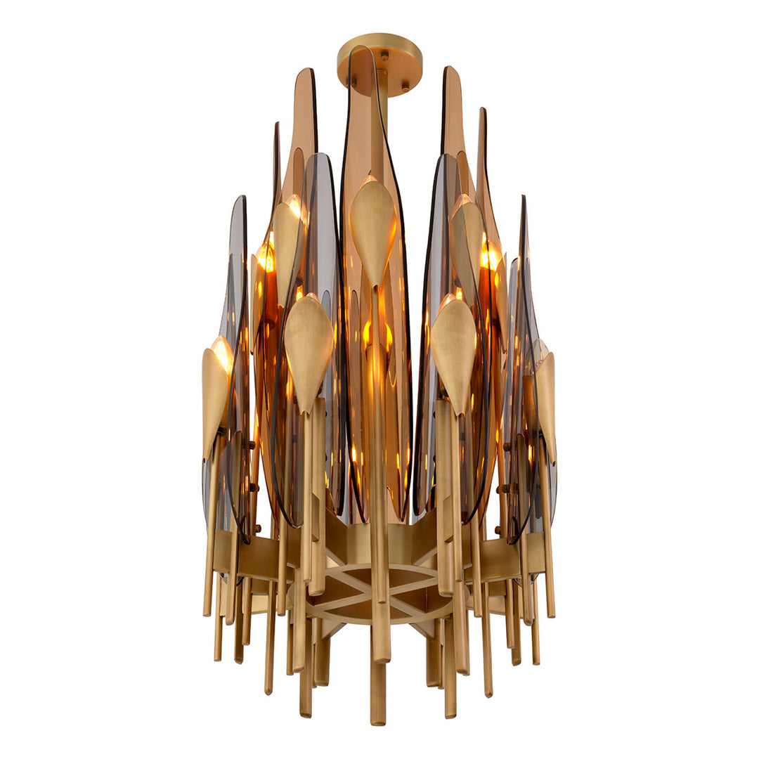 Eichholtz Chandelier Sky Vertical Antique Brass Amber Smoke Glass