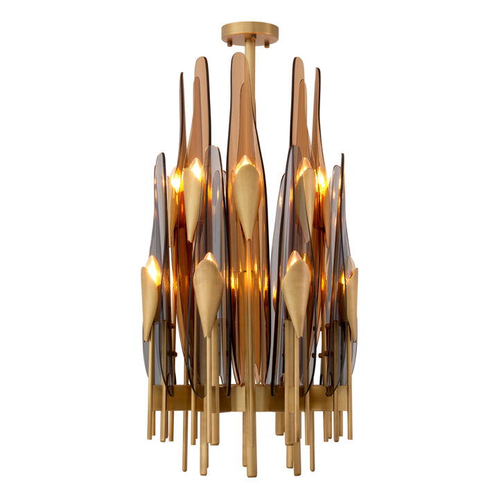 Eichholtz Chandelier Sky Vertical Antique Brass Amber Smoke Glass