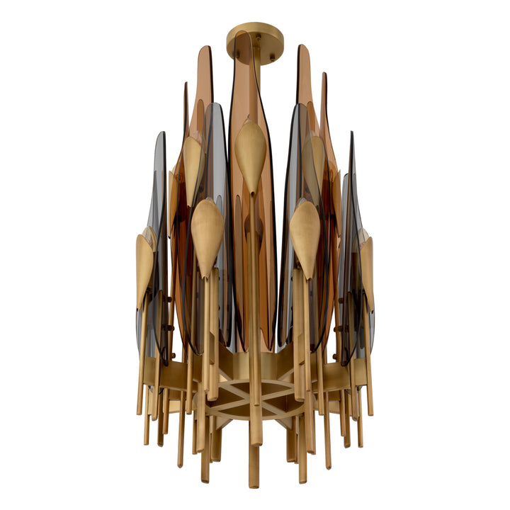 Eichholtz Chandelier Sky Vertical Antique Brass Amber Smoke Glass