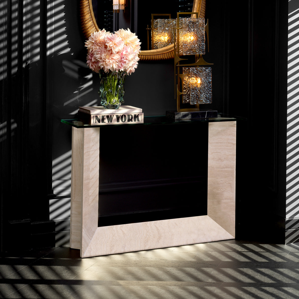 Eichholtz Consoletafel Fortuna Travertine Clear Glass