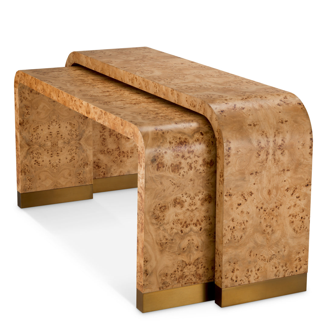 Eichholtz Consoletafel Quinton Set of 2 Light Brown Mappa Burl Antique Brass