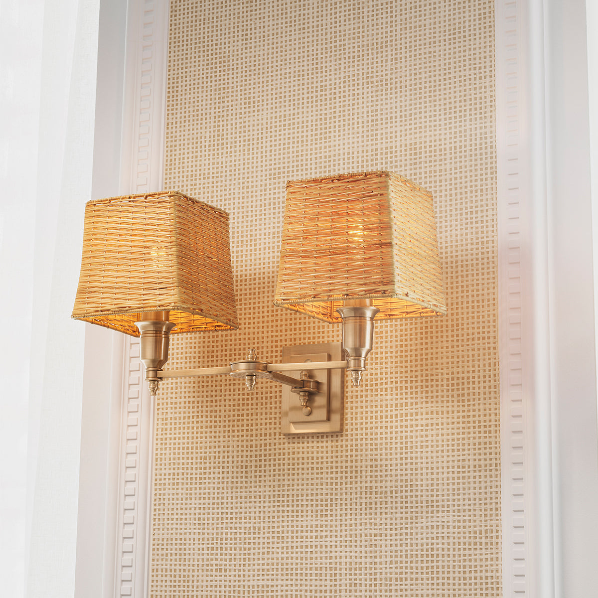 Eichholtz Wandlamp Lexington Double Antiek Messing Rotan – afbeelding 2