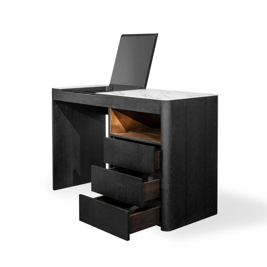 Toilettafel Madison in eiken Charcoal met opgeklapte spiegel en geopende lades, op een witte achtergrond.
