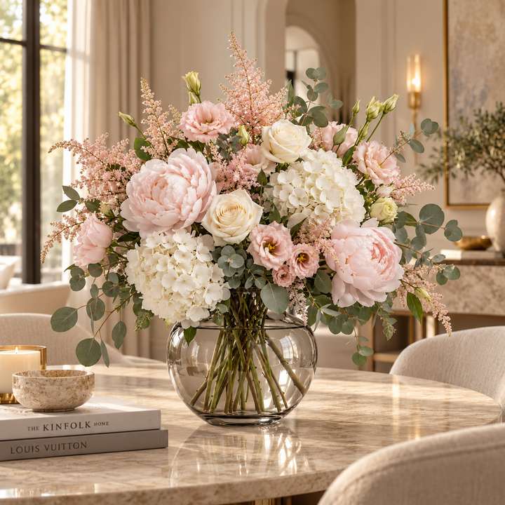 Artflower Blush Garden met roze pioenrozen en witte hortensia in een glazen vaas op een marmeren eettafel.