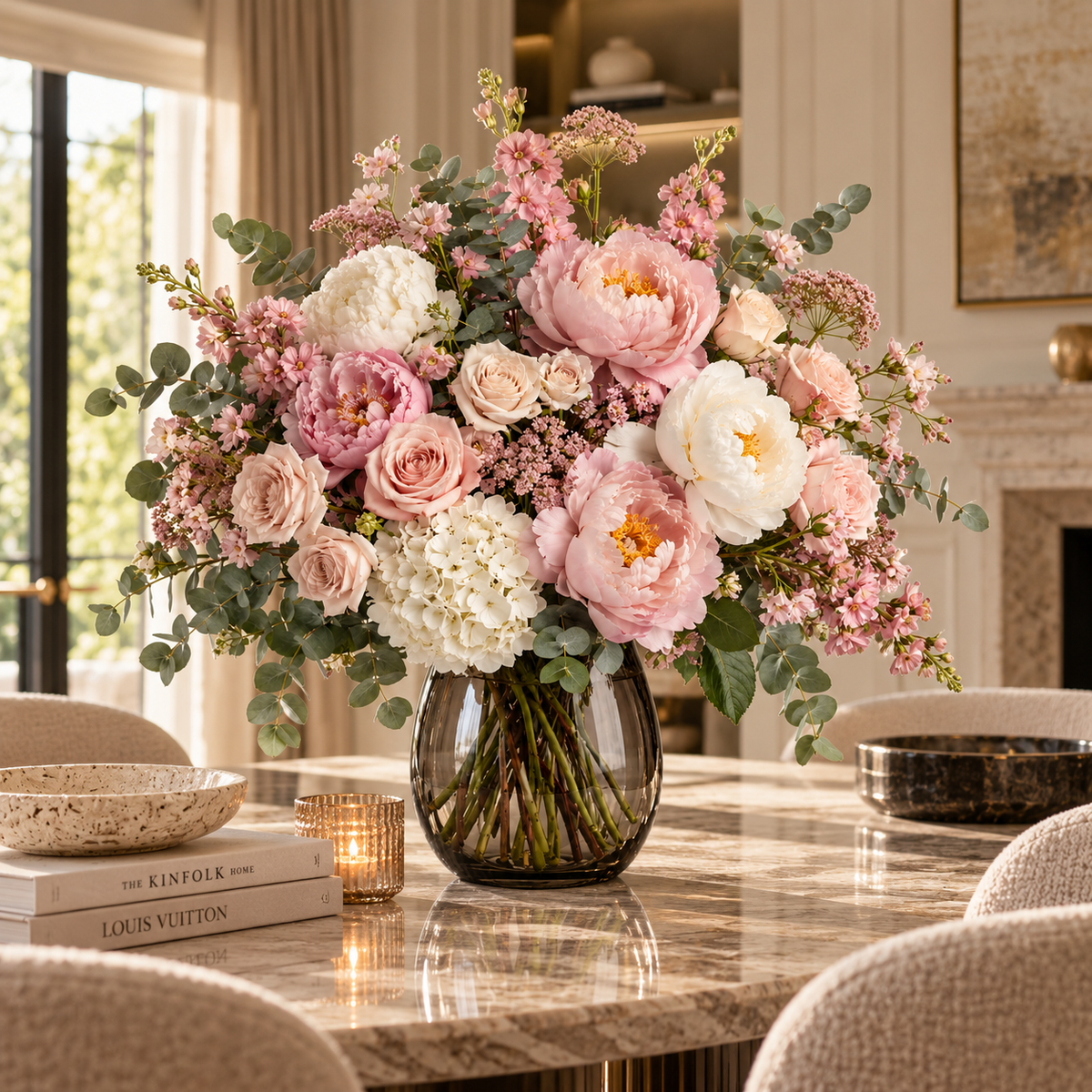 Artflower Étoile Blush met roze en witte pioenrozen, tuinrozen en hortensia op een marmeren eettafel.