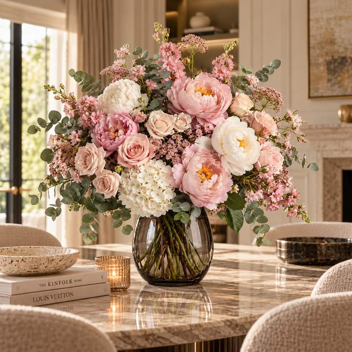 Artflower Étoile Blush met roze en witte pioenrozen, tuinrozen en hortensia op een marmeren eettafel.
