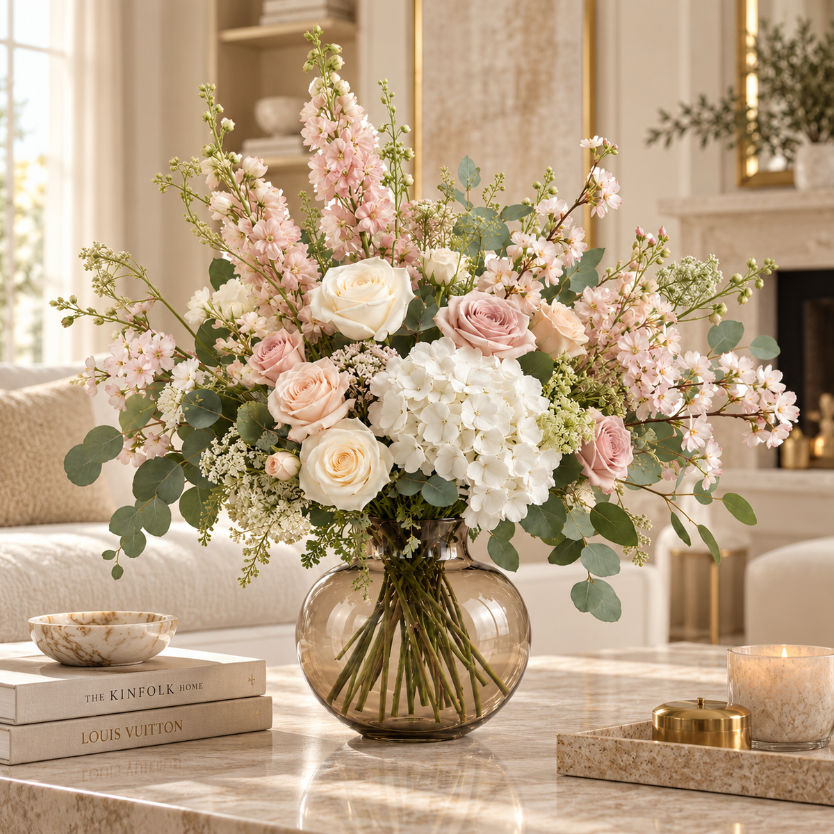 Artflower Fleur de Lumière met ivoorkleurige rozen, hortensia en roze bloesem in een licht interieur.