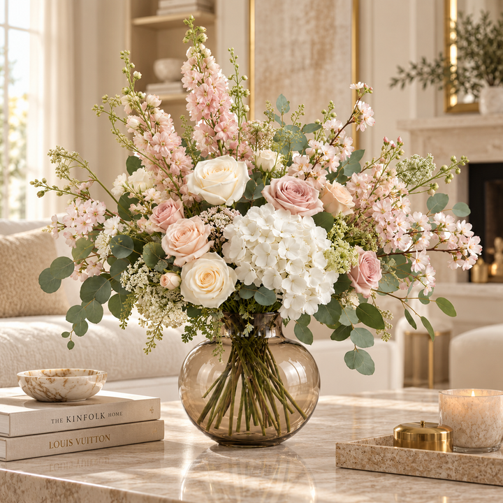 Artflower Fleur de Lumière met ivoorkleurige rozen, hortensia en roze bloesem in een licht interieur.