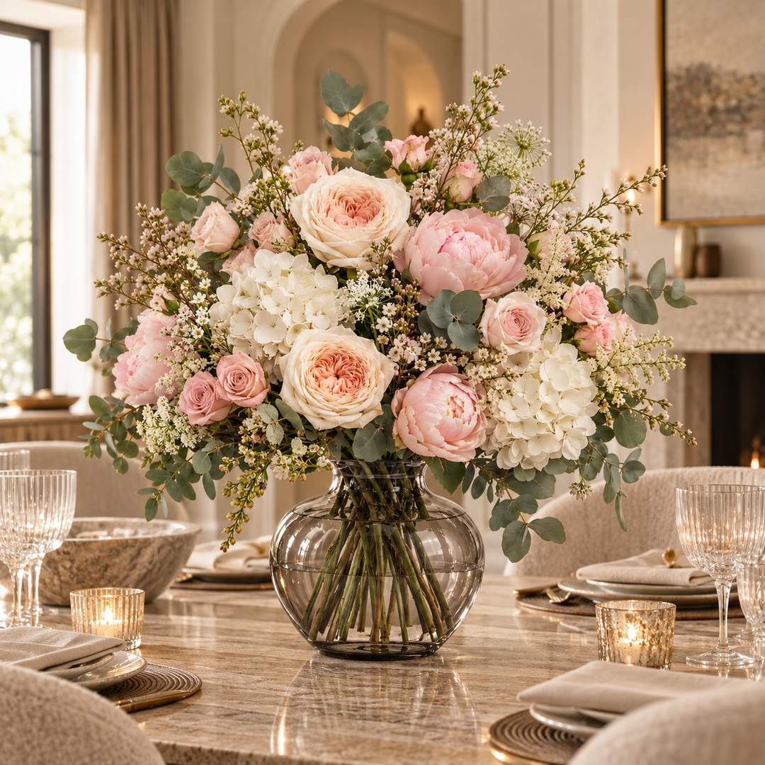 Artflower Grand Romance met roze pioenrozen, tuinrozen en witte hortensia op een stijlvol gedekte tafel.