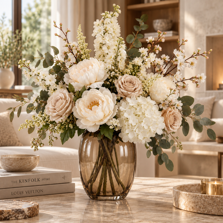 Artflower Ivory Elegance met ivoorkleurige pioenrozen en champagnerozen in een warme, lichte woonkamer.