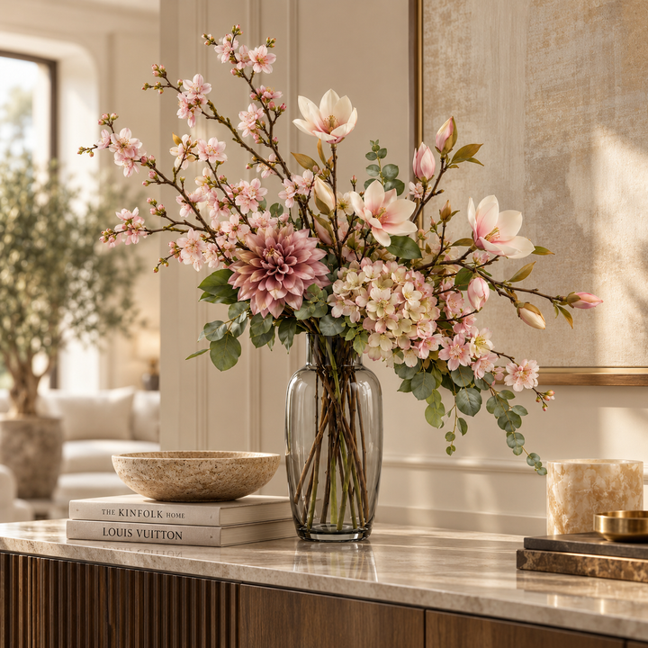 Artflower Magnolia Bloom met magnolia, roze bloesemtakken en een mauve dahlia op een houten console.