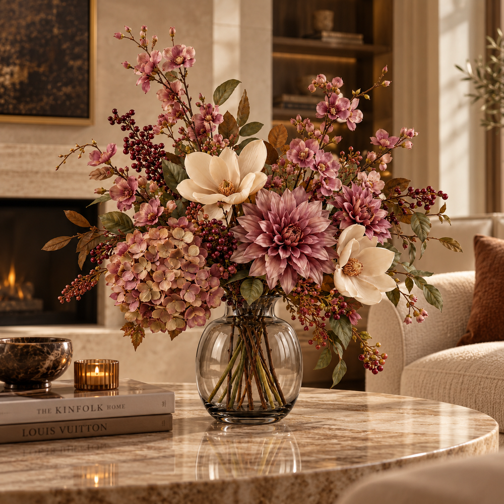 Artflower Mauve Botanique met mauve dahlia, crèmekleurige magnolia en bessentakken op een marmeren tafel.