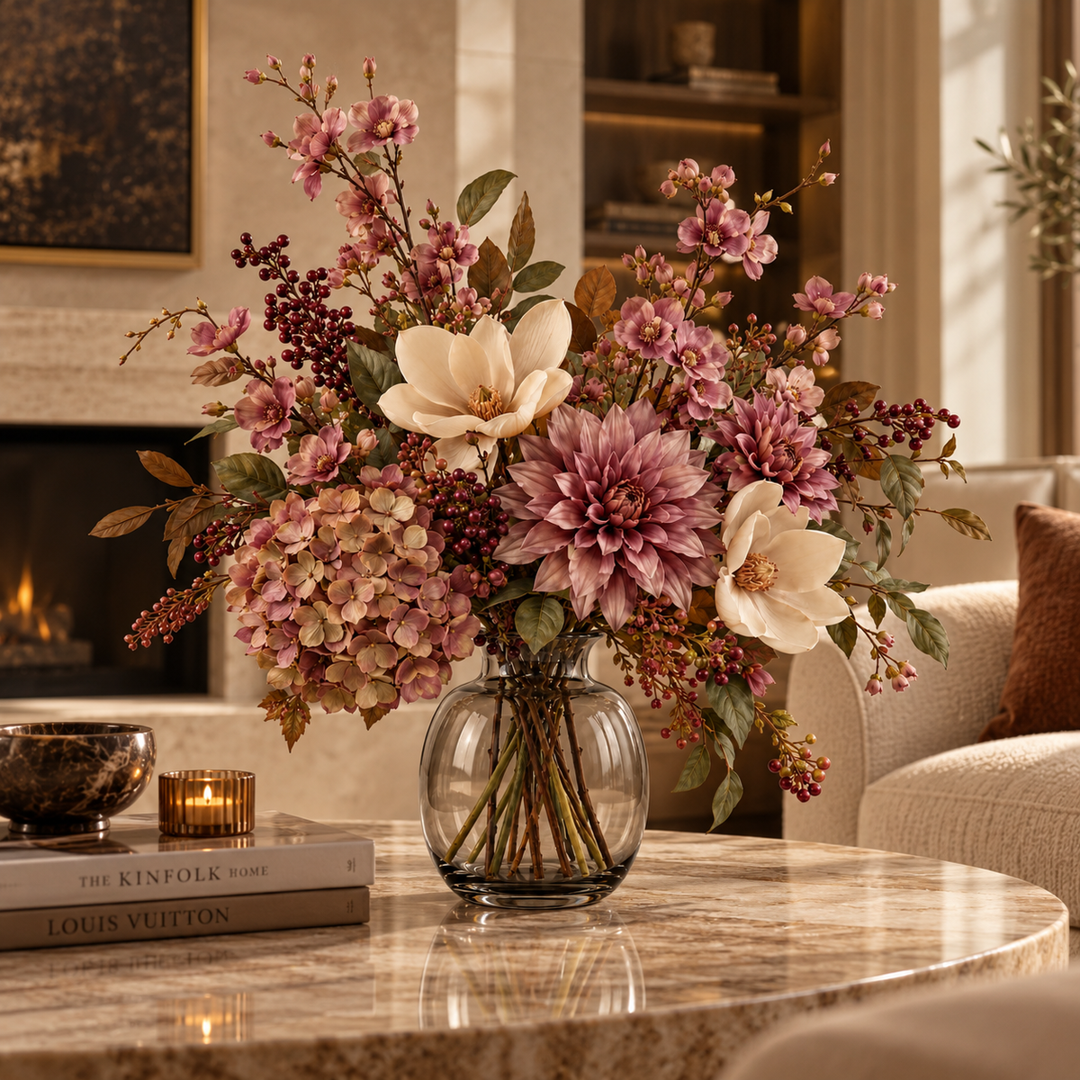 Artflower Mauve Botanique met mauve dahlia, crèmekleurige magnolia en bessentakken op een marmeren tafel.