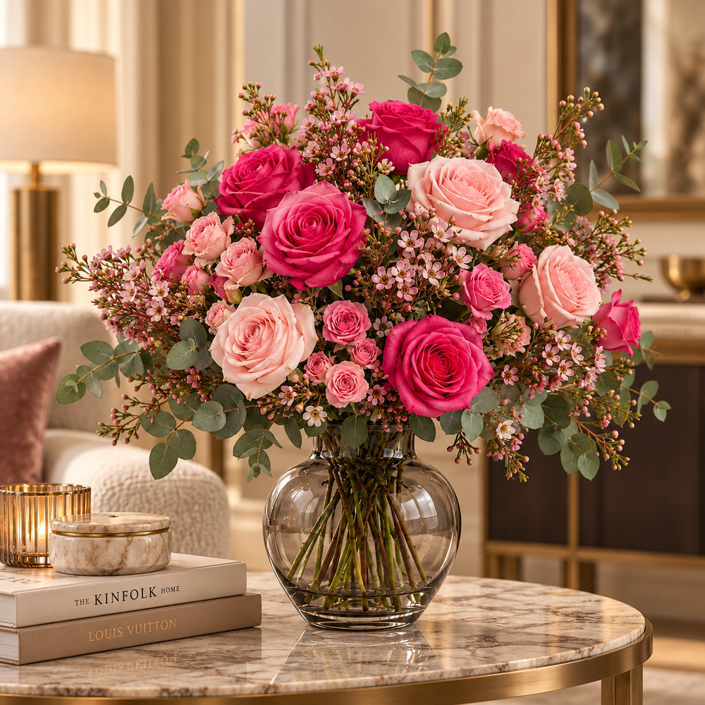 Artflower Rosa Couture met fuchsia en blushroze rozen in een rookglazen vaas op een marmeren salontafel.