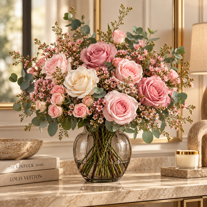 Artflower Rosée met roze en ivoorkleurige rozen in een rookglazen vaas op een natuurstenen console.