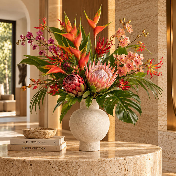 Artflower Tropical Opulence met protea, heliconia en orchideeën in een lichte vaas op een travertin tafel.
