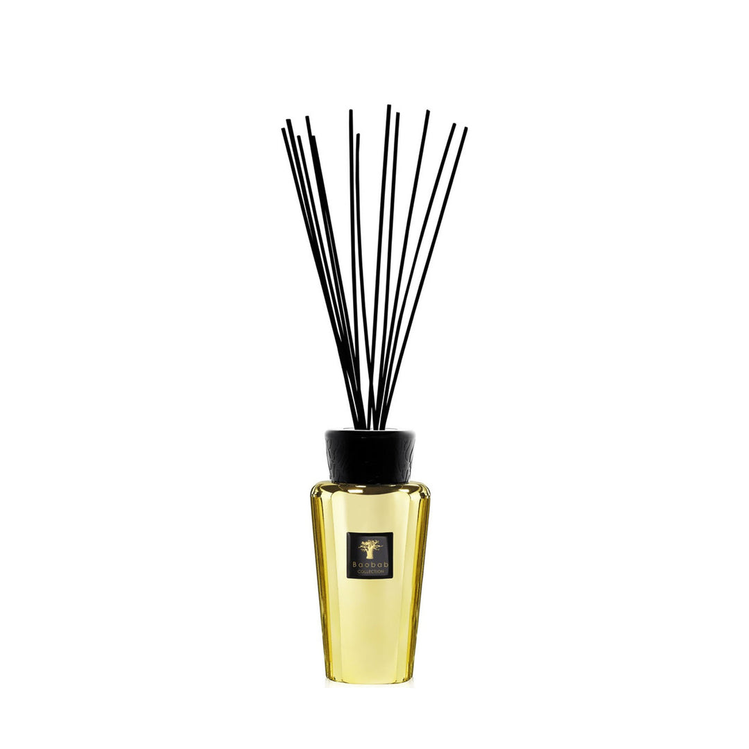 Baobab Collection geurdiffuser Aurum 500 ml, goudkleurig glas en geurstokjes op witte achtergrond.