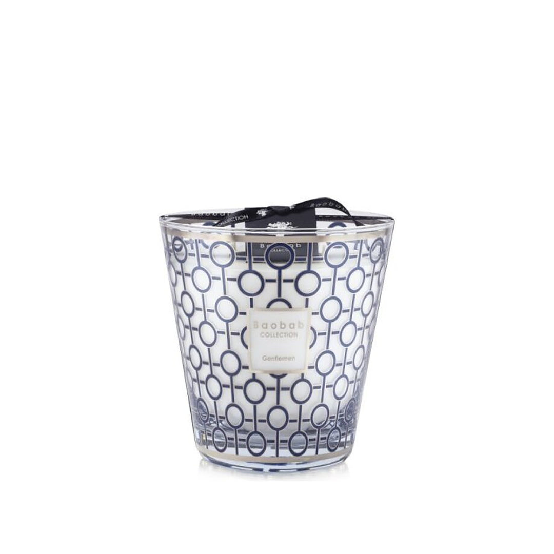Baobab Collection geurkaars Gentlemen Max 16, glas met blauw en platinakleurig patroon, vrijstaand op witte achtergrond.