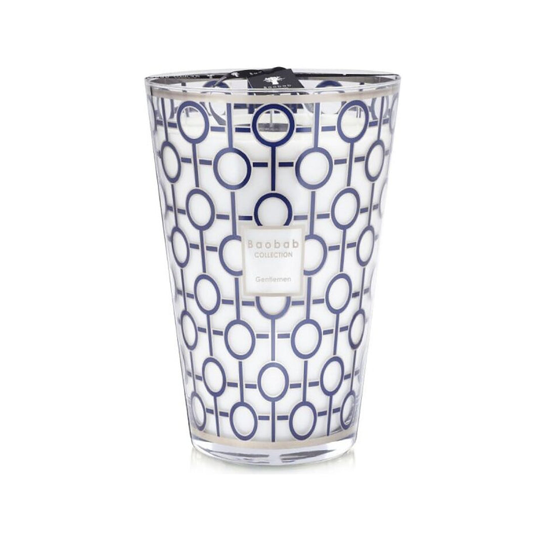 Baobab Collection geurkaars Gentlemen Max 35, glas met blauw en platinakleurig patroon, vrijstaand op witte achtergrond.