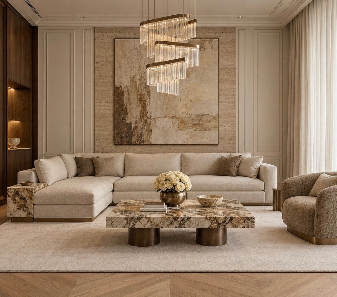CéJor Design House woonkamer met maatwerkbank, marmeren salontafel en kroonluchter