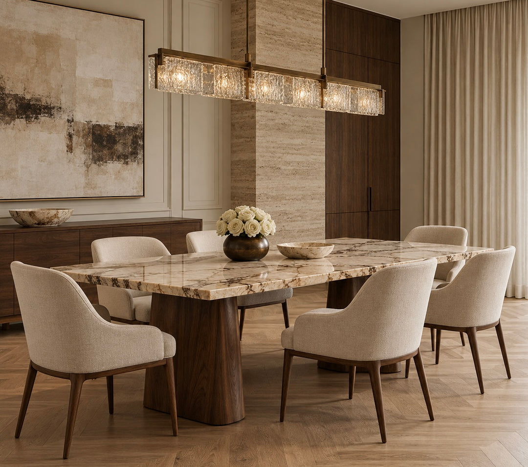 CéJor interieur met marmeren eettafel, gestoffeerde stoelen en glazen hanglamp
