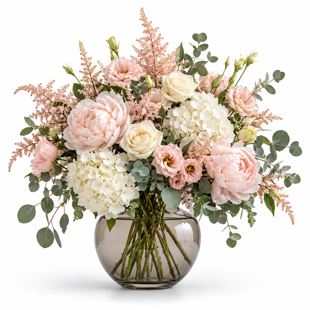 CéJor kunstboeket Blush Garden met pioenrozen en hortensia in illustratieve vaas op witte achtergrond