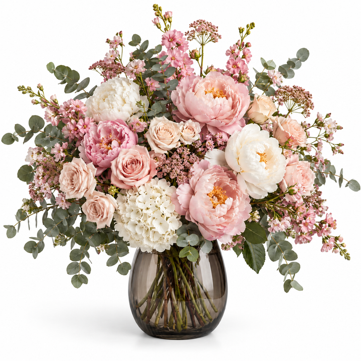 CéJor kunstboeket Étoile Blush met pioenrozen en luxe rozen in illustratieve vaas op witte achtergrond