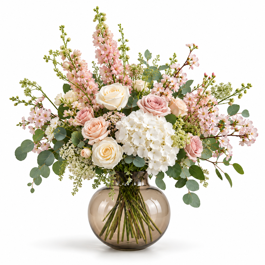 CéJor kunstboeket Fleur de Lumière met rozen, hortensia en bloesem in illustratieve vaas op witte achtergrond