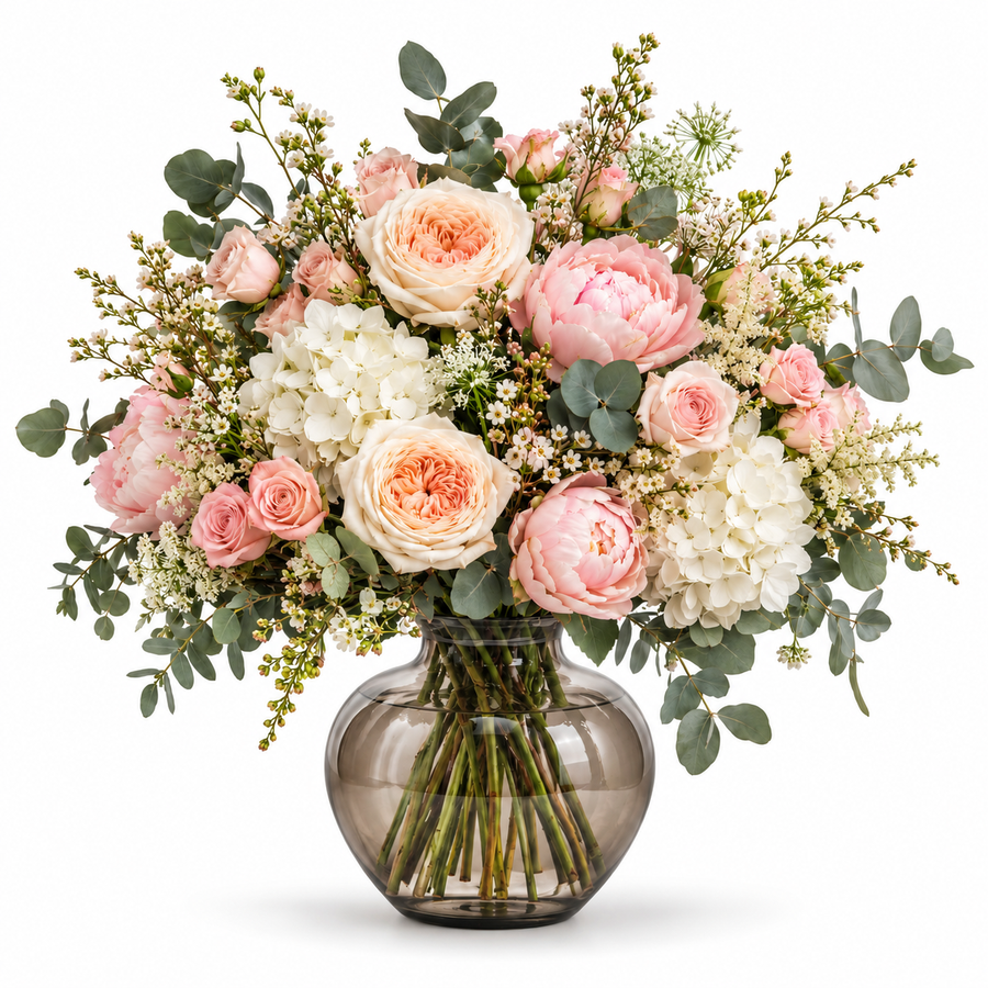 CéJor kunstboeket Grand Romance met rozen, pioen en hortensia in illustratieve vaas op witte achtergrond