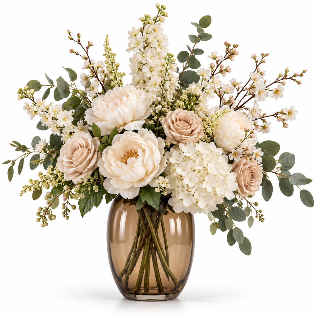 CéJor kunstboeket Ivory Elegance met crème, champagne en bloesem in illustratieve vaas op witte achtergrond