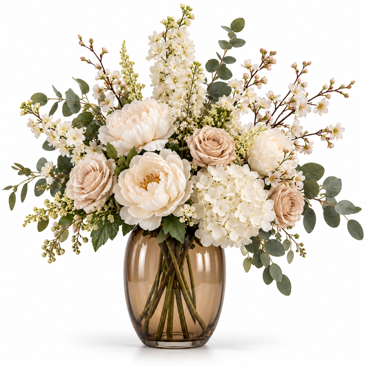 CéJor kunstboeket Ivory Elegance met crème, champagne en bloesem in illustratieve vaas op witte achtergrond