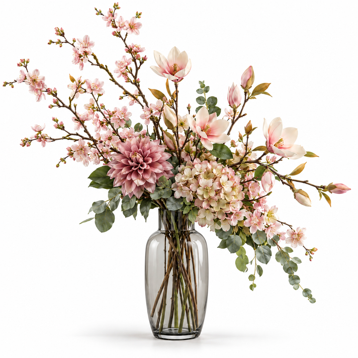CéJor kunstboeket Magnolia Bloom met magnolia en bloesemtakken in illustratieve vaas op witte achtergrond