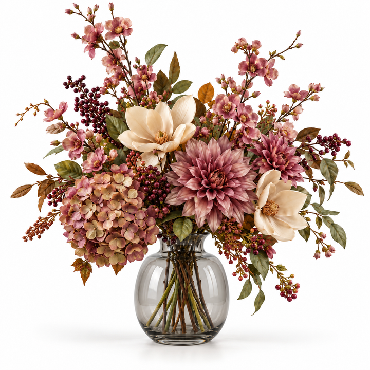 CéJor kunstboeket Mauve Botanique met dahlia, magnolia en bes in illustratieve vaas op witte achtergrond