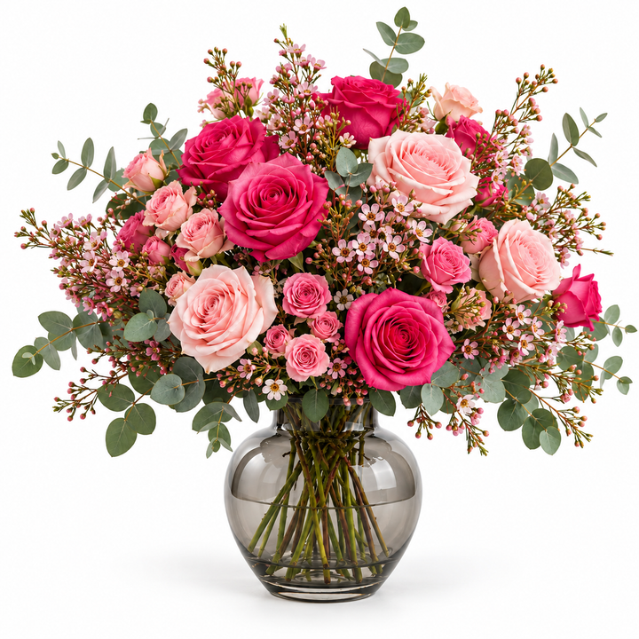CéJor kunstboeket Rosa Couture met rozen in fuchsia en blush in illustratieve vaas op witte achtergrond