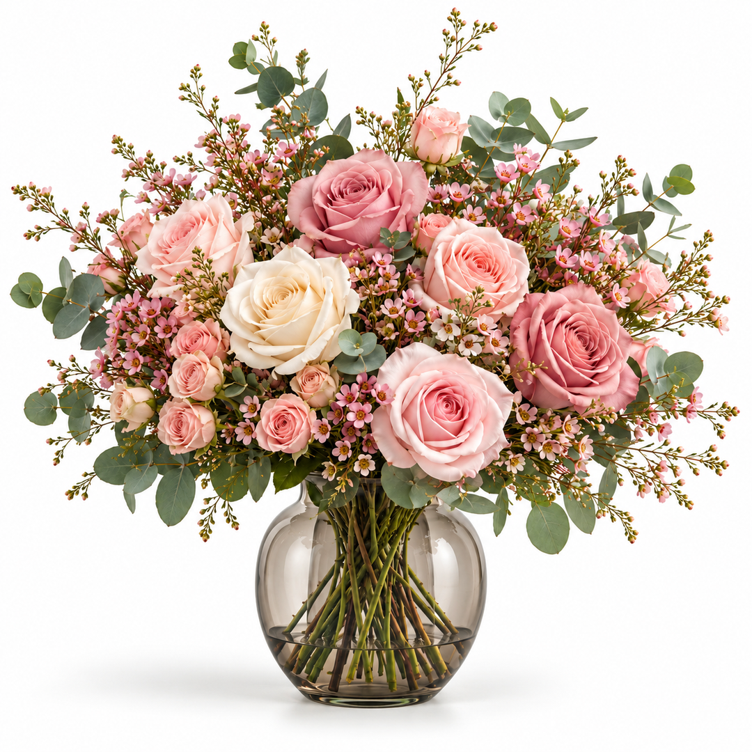 CéJor kunstboeket Rosée met rozen in roze en ivoor in illustratieve vaas op witte achtergrond