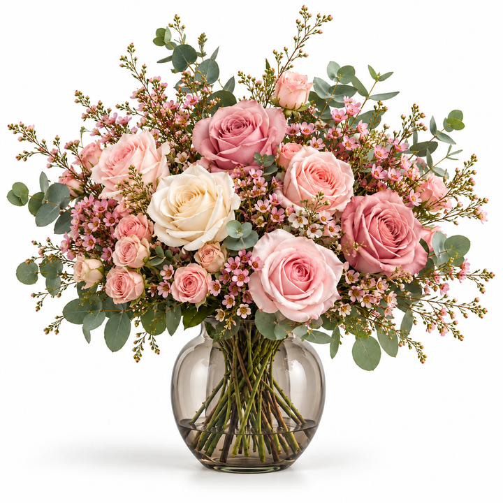 CéJor kunstboeket Rosée met rozen in roze en ivoor in illustratieve vaas op witte achtergrond