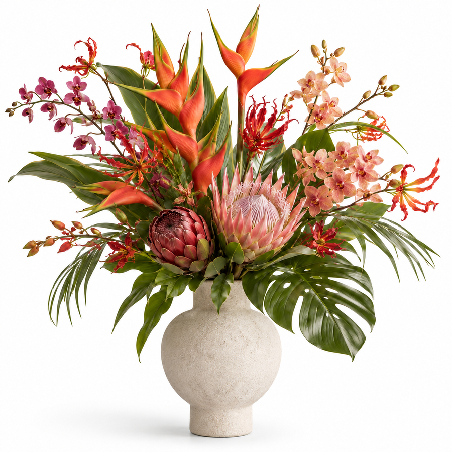 CéJor kunstboeket Tropical Opulence met protea, heliconia en orchidee in illustratieve vaas op witte achtergrond