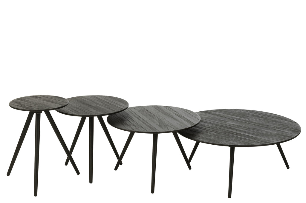J-Line Set of 4 Round Tables Recycled Teak Wood Black