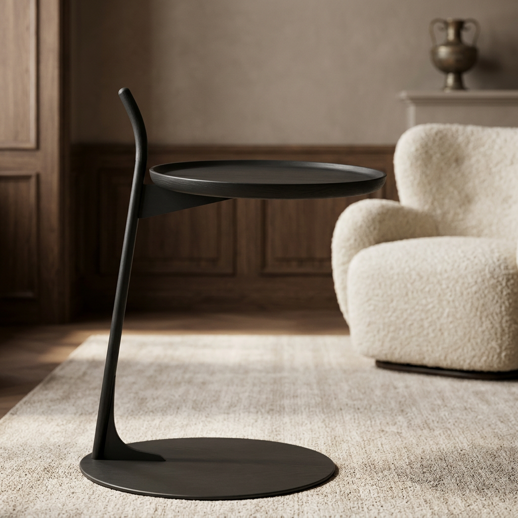Bijzettafel Chinque in eiken Charcoal op een licht vloerkleed bij een crème fauteuil en houten wandpanelen.