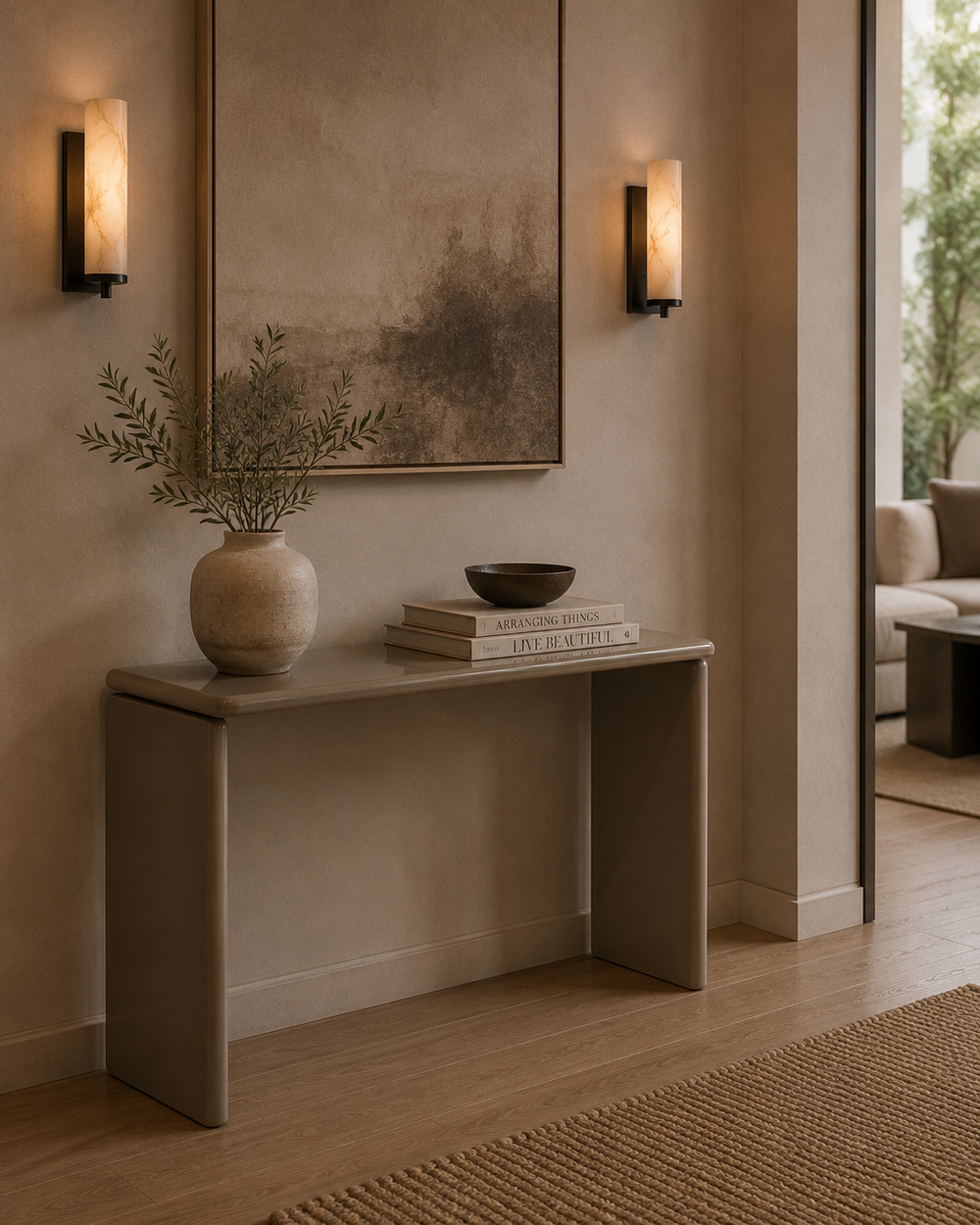 Bijzettafel Cameron in taupe hoogglanslak in een interieur