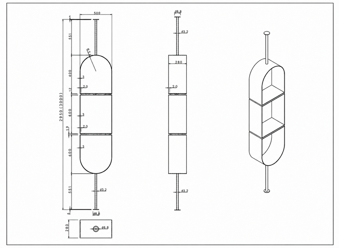 Technische tekening of productspecificaties van Vakkenkast Gianni in geborsteld Gun Metal en travertin