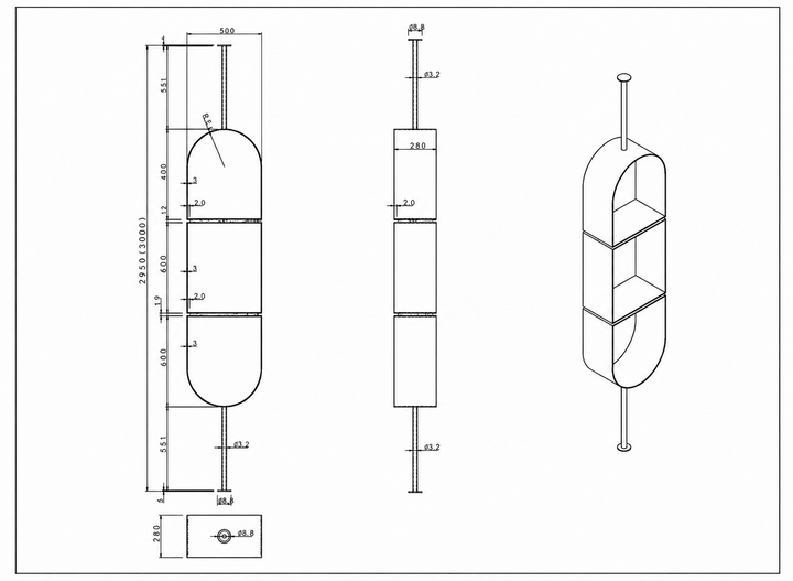 Technische tekening of productspecificaties van Vakkenkast Gianni in geborsteld Gun Metal en travertin