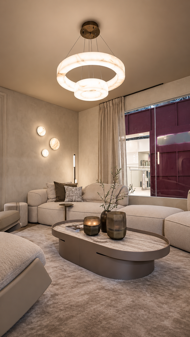 Salontafel Sogno in Silver Beige travertin / lichttaupe leer in een interieur