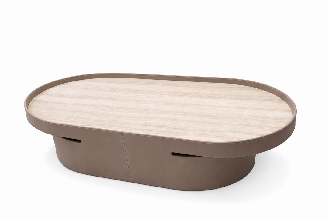 Salontafel Sogno in Silver Beige travertin / lichttaupe leer – vrijstaand productbeeld