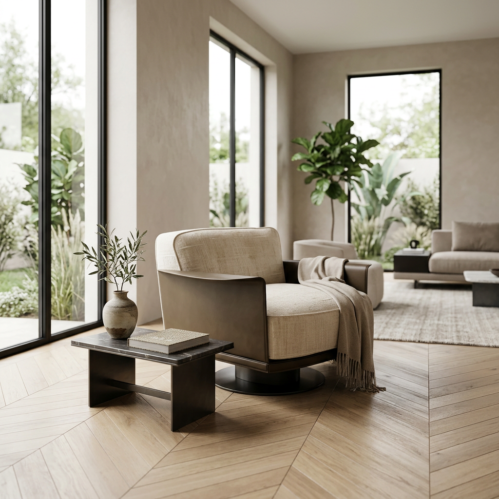 Draaifauteuil Donovan in geweven stof in Marfa lichtbeige – vrijstaand productbeeld