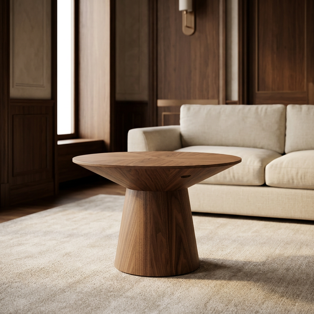 Ronde bijzettafel Amalfi in walnoot op een licht vloerkleed naast een crème bank en houten wandpanelen.