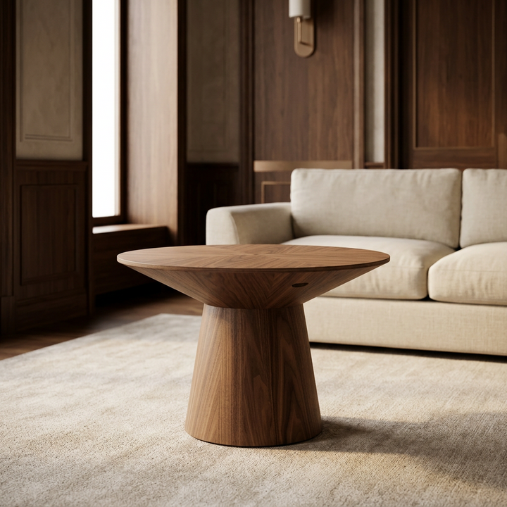 Ronde bijzettafel Amalfi in walnoot op een licht vloerkleed naast een crème bank en houten wandpanelen.