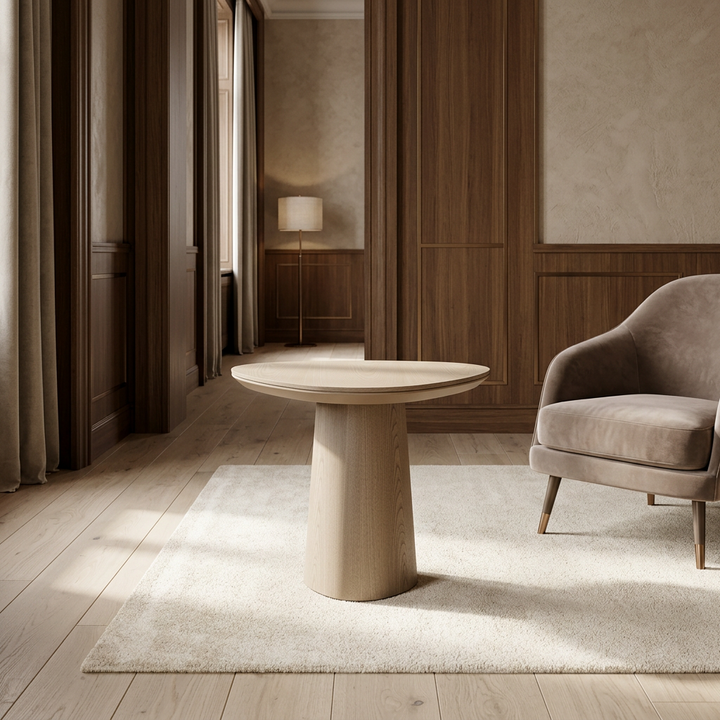Bijzettafel Giuli in licht eiken met lichtgoudkleurige rand op een crème vloerkleed naast een taupe fauteuil.