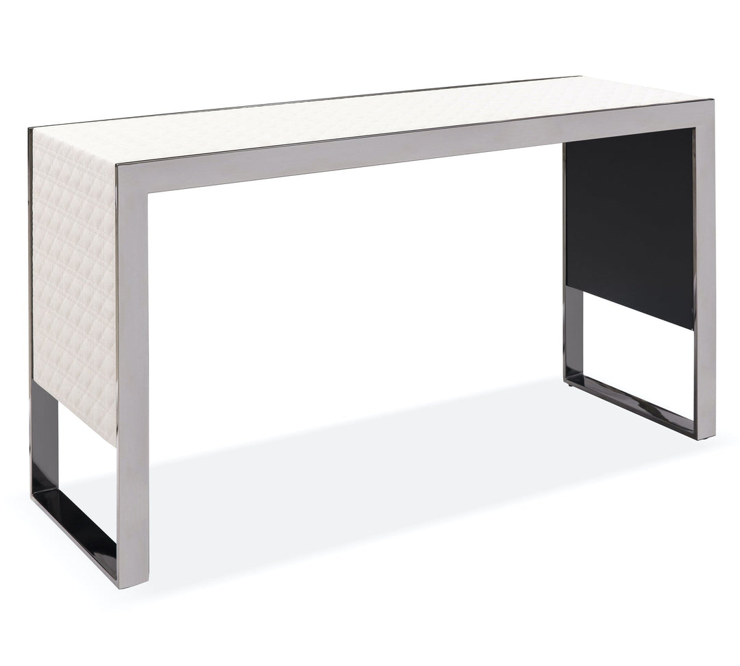 Console Diana in Gun Black-roestvrij staal en beige leer met patroon – vrijstaand productbeeld