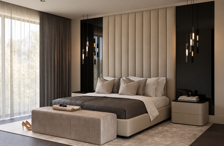 Nachtkastje Milano in beige in een interieur